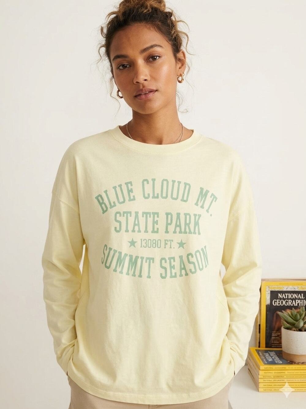 J.Crew Women's Summit Season Graphic Long Sleeve T-Shirt Pastel Yellow Size XL